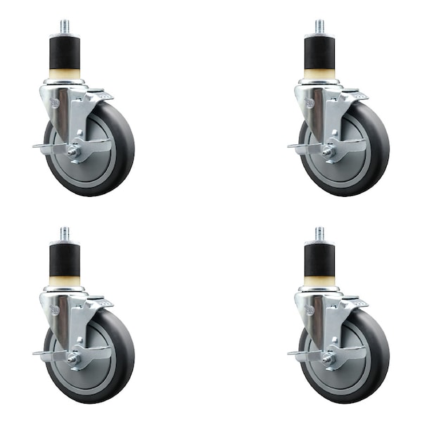 5'' SS Thermoplastic Rubber Swivel 1-7/8'' Expanding Stem Caster Set with Brake, 4PK